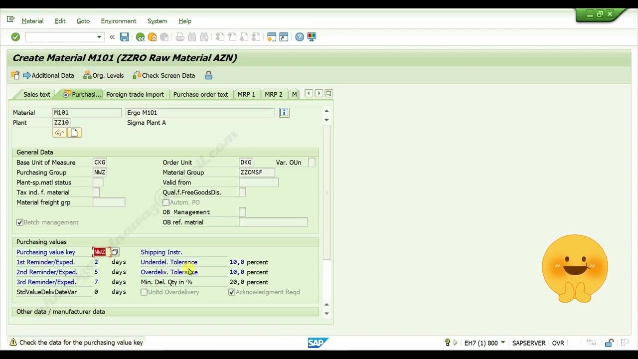 Purchasing value key "NWZ" entered, with reminders and tolerances filled in