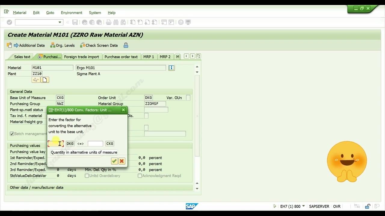 Unit of measure conversion popup, DKG to CKG, both set to 1
