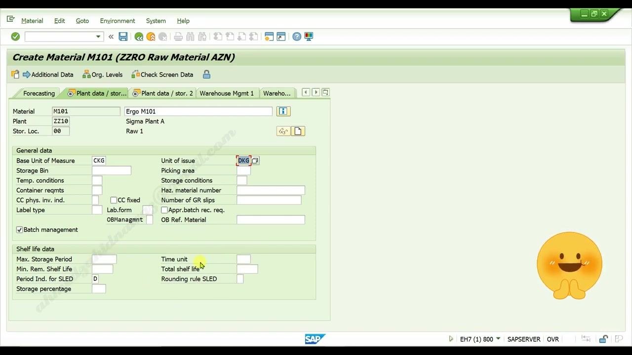 SAP Create Material screen ready to proceed after leaving shelf life fields blank