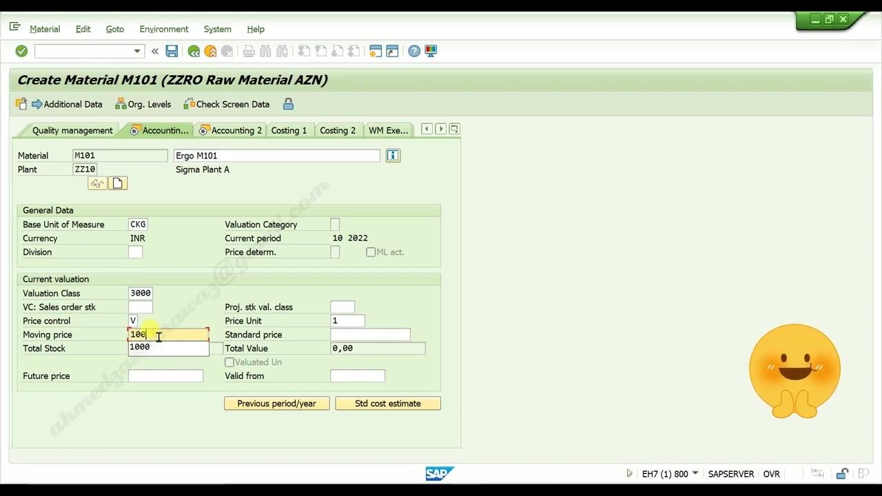 SAP Accounting 1 tab with the moving price field being filled in with the value 100