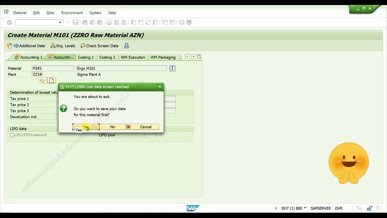 SAP Performance Assistant window showing the "Material M101 created" confirmation message