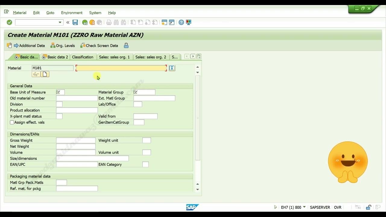 Material master data entry screen with fields for description, base unit, material group, and more