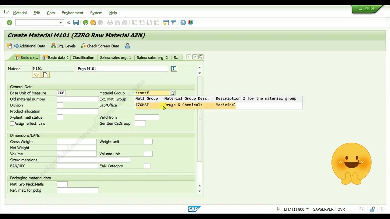 Create Material screen with the Base Unit of Measure field being filled and description "Ergo M101" entered