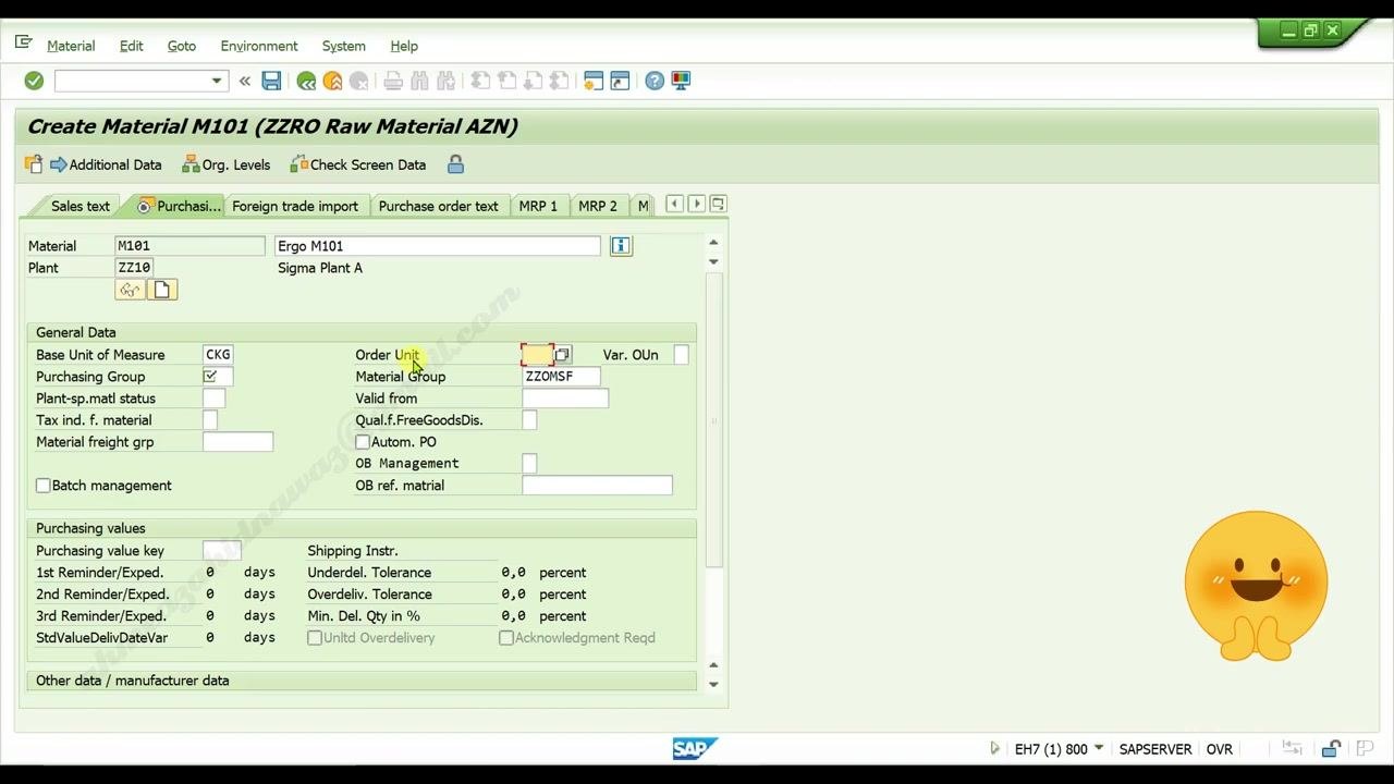 Purchasing view with the Order Unit field highlighted, Plant "ZZ10", Material "M101", Material Group "ZZOMSF"
