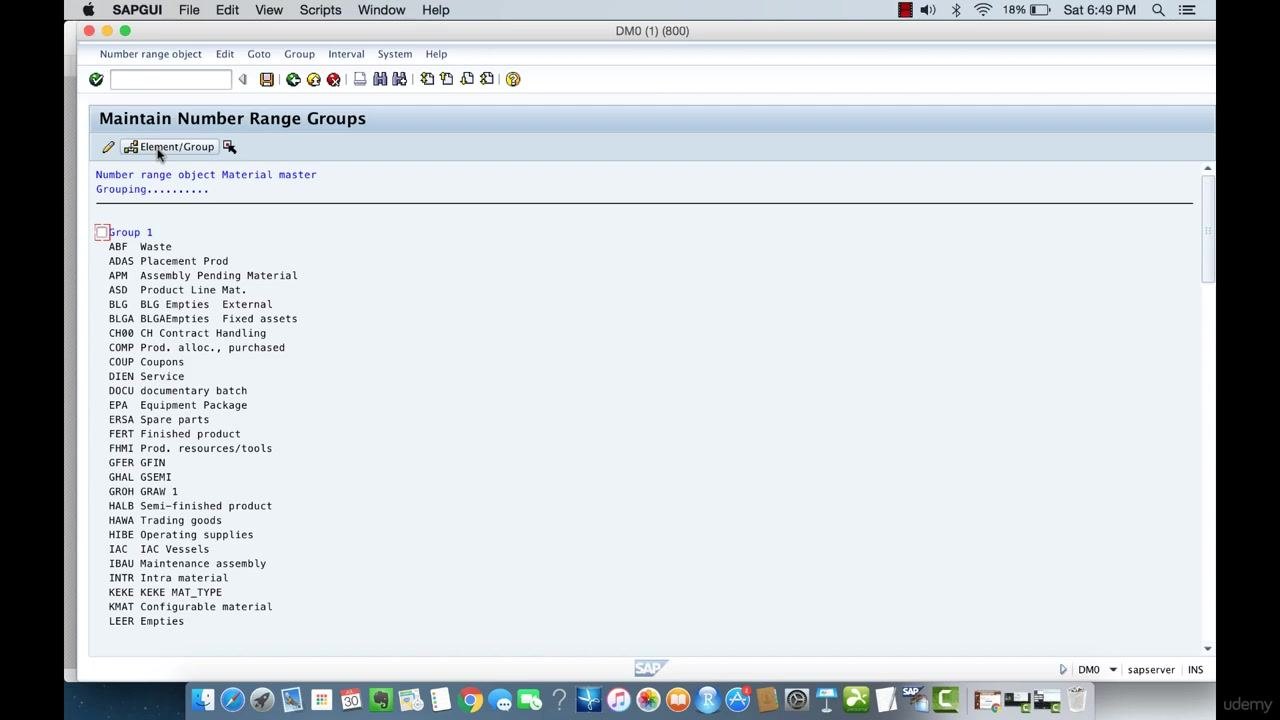 Maintain Number Range Groups screen displaying a list of material type groups such as ABF, ADAS, and APM.