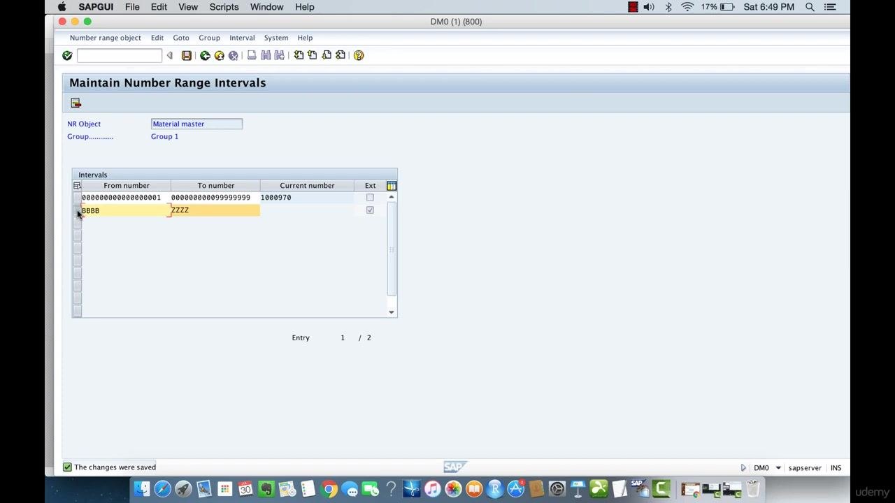 Maintain Number Range Intervals screen showing the BBBB–ZZZZ interval selected for deletion.