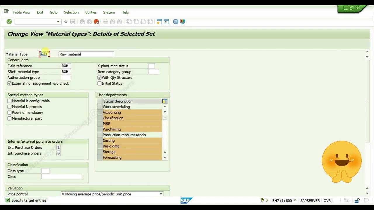 Material types overview list with the Position button highlighted