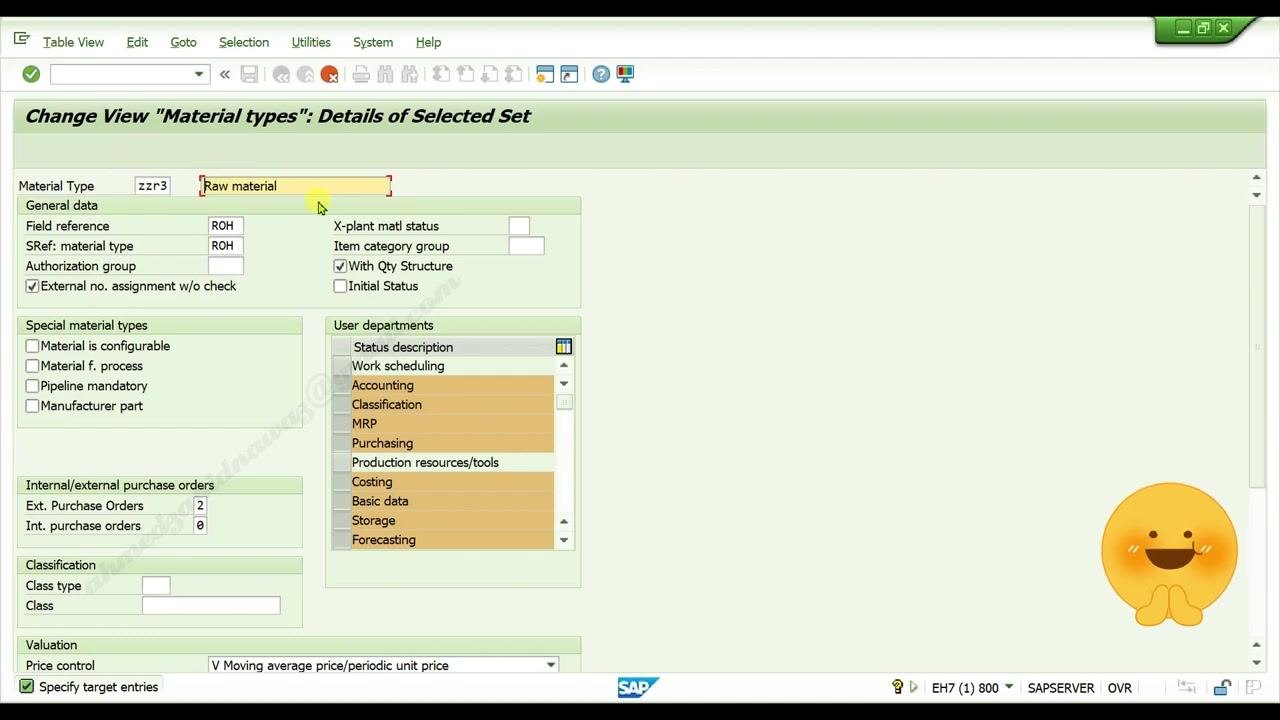 Material type code 'zzr3' with description being edited