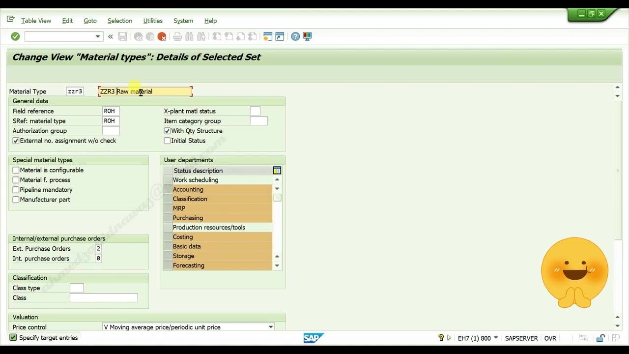 Material type and description fields updated to 'ZZR3' and 'ZZR3 Raw material'