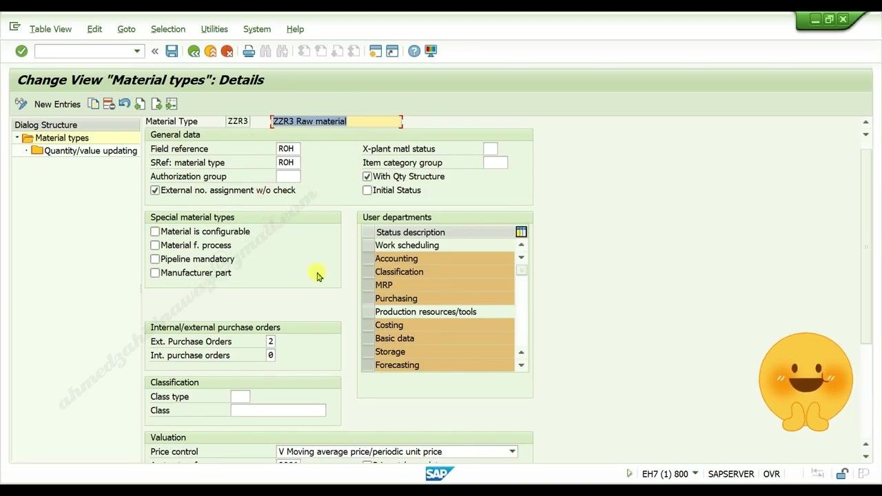 Position button being clicked in the material types overview