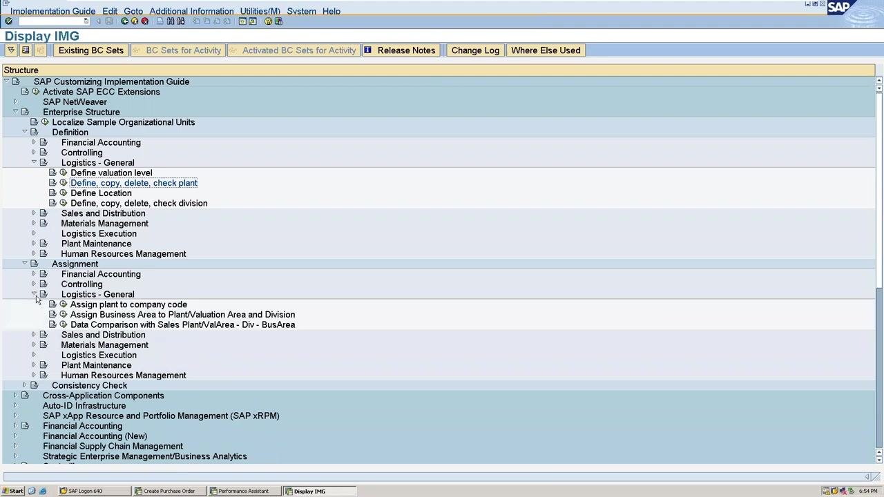 SAP IMG screen with "Assign plant to company code" highlighted under "Logistics - General" in the Assignment section