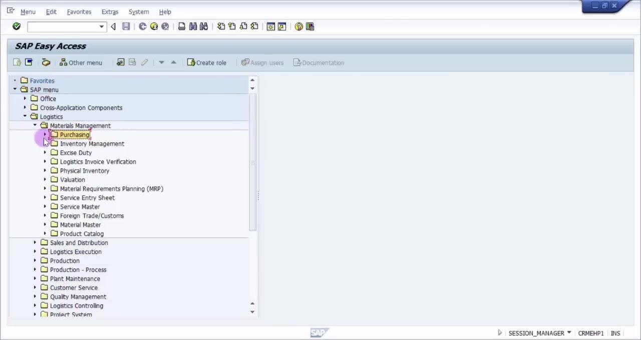 SAP Easy Access screen showing the navigation tree with the 'SAP menu' and 'Logistics' folder visible