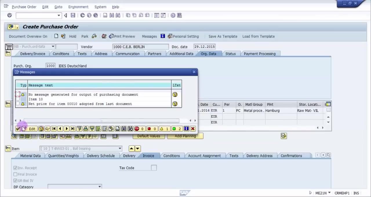 SAP Messages window with the OK button highlighted, confirming all details are correct