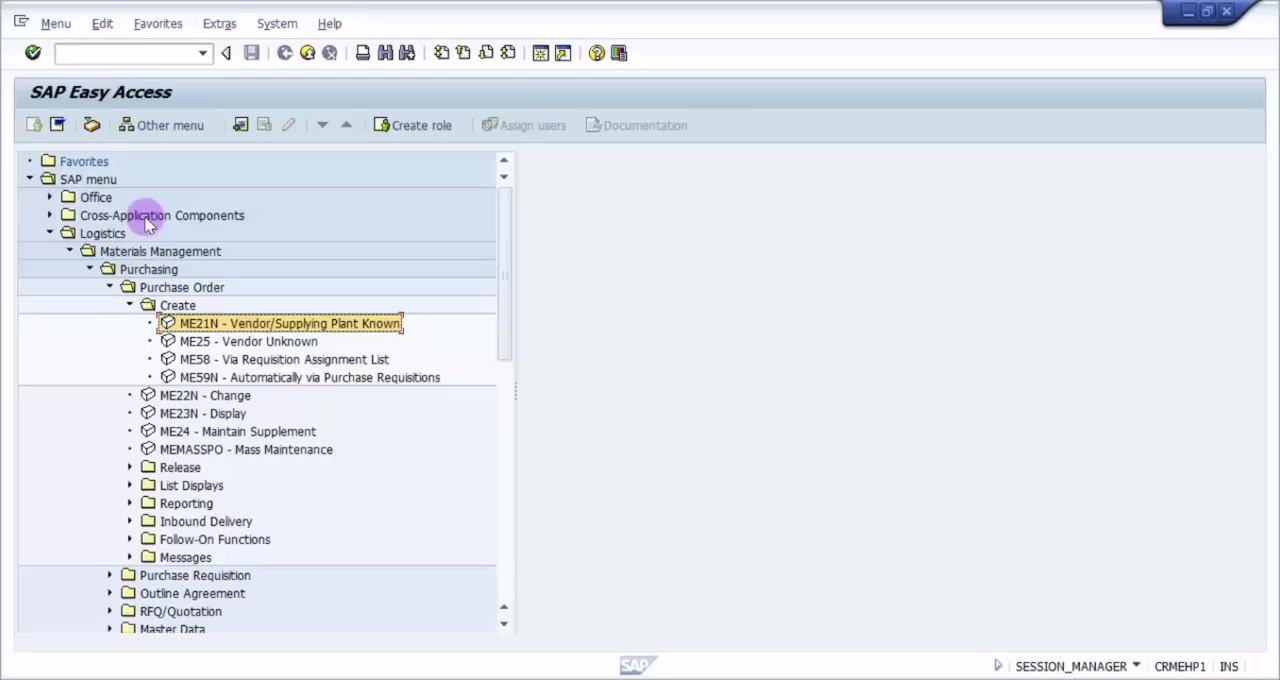 SAP Easy Access screen showing four purchase order creation options under the 'Create' node