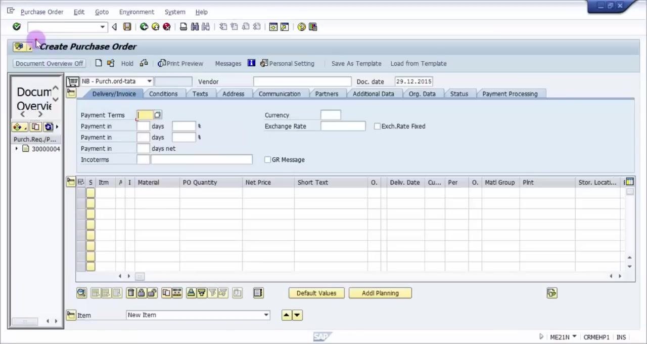 Create Purchase Order screen with the Vendor field set to 1000 and other fields blank