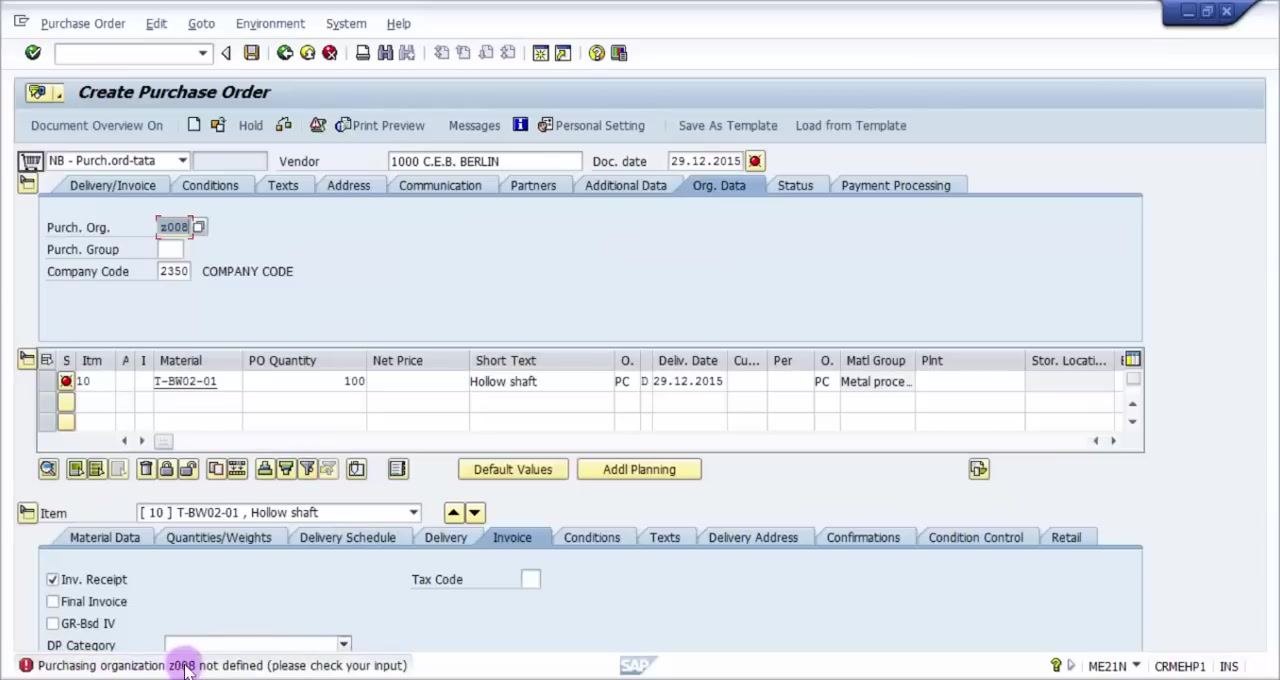 Material number selection dropdown visible in the Material column, with Vendor 1000 entered and PO Quantity blank