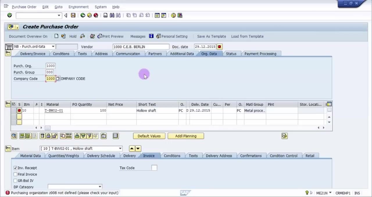 Corrected organizational data showing Purch. Org. 1000, Purch. Group 000, and Company Code 1000