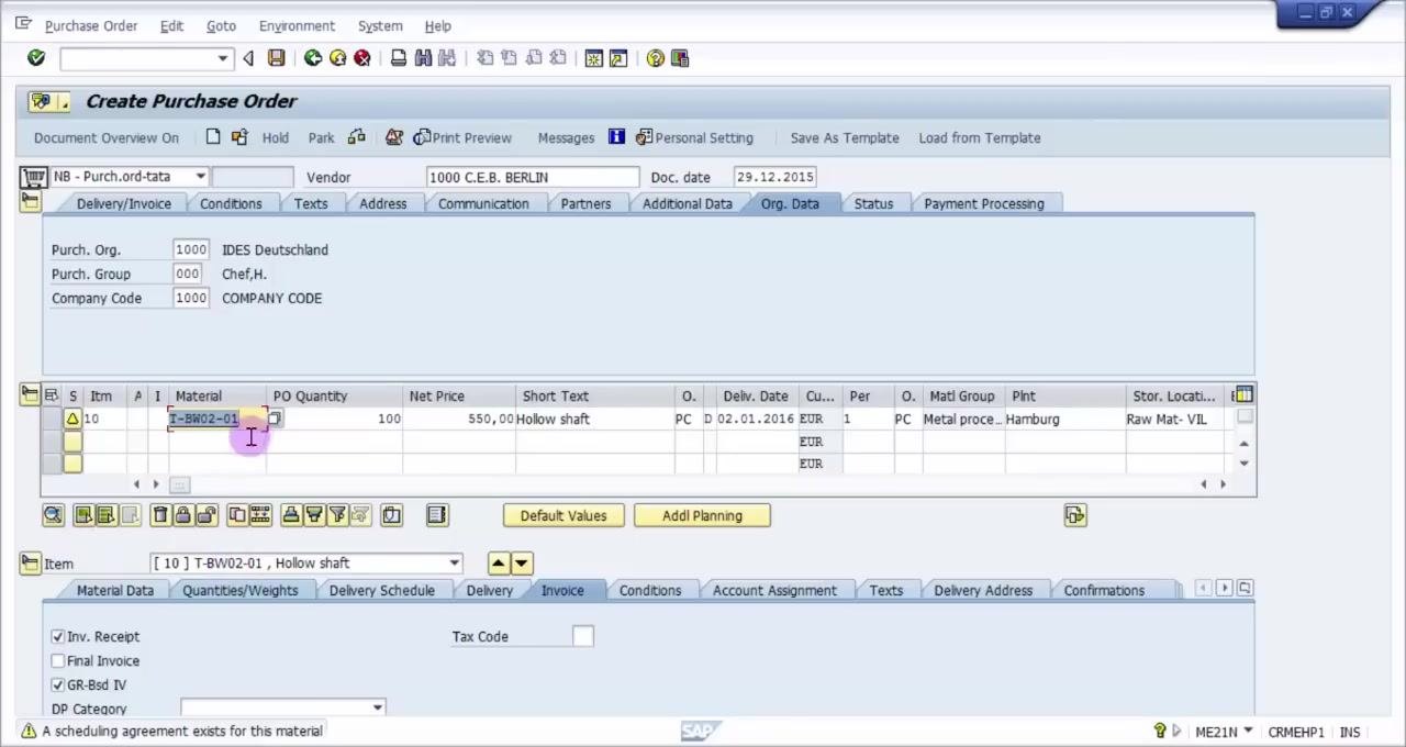 Purchase order screen showing all required fields filled, the scheduling agreement notification visible, and item details entered
