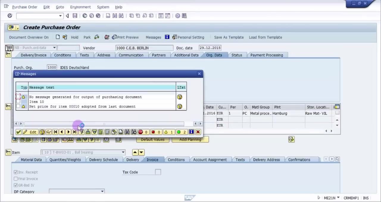 Create Purchase Order screen showing all item details filled, including Material T-BW03-01, PO Quantity 100, Net Price 2.00 EUR, Plant Hamburg, and Storage Location Raw Mat - VLI