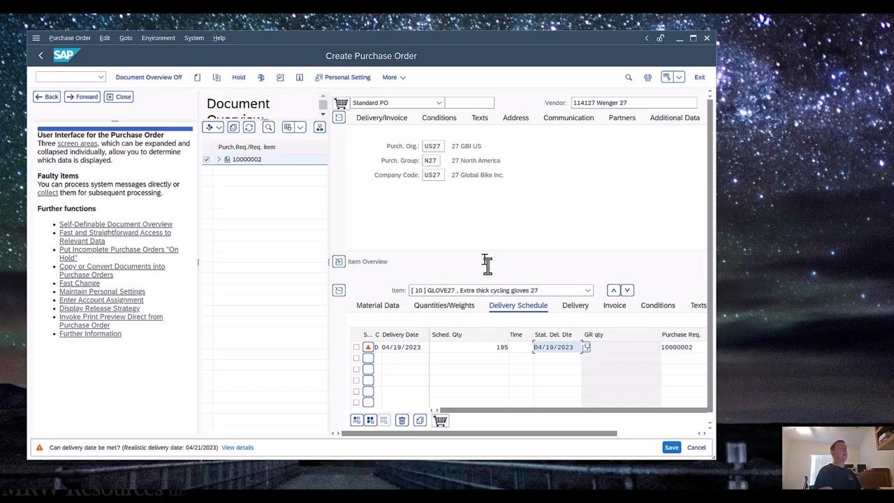 Purchase order item overview populated with requisition details, including item 10, GLOVE27, quantity 195, delivery date 04/19/2023, and requisition 10000002