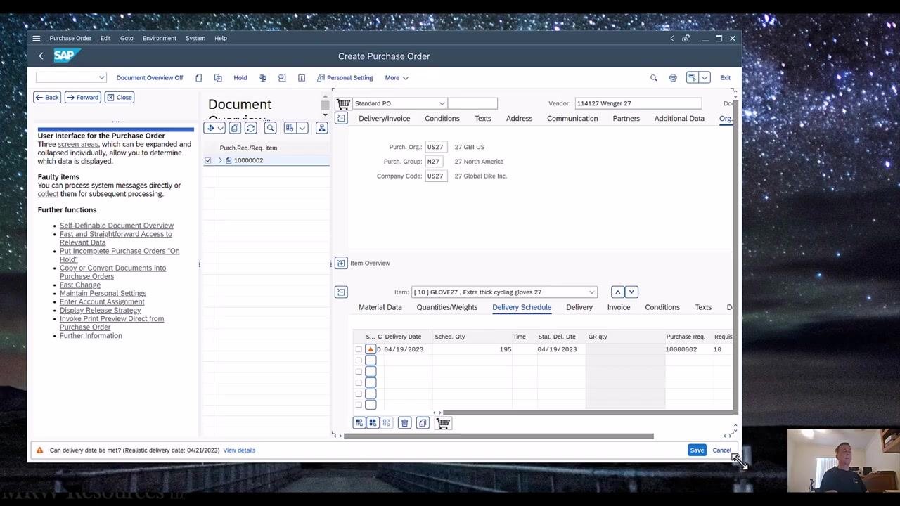 SAP window being expanded to show item details and tabs more clearly