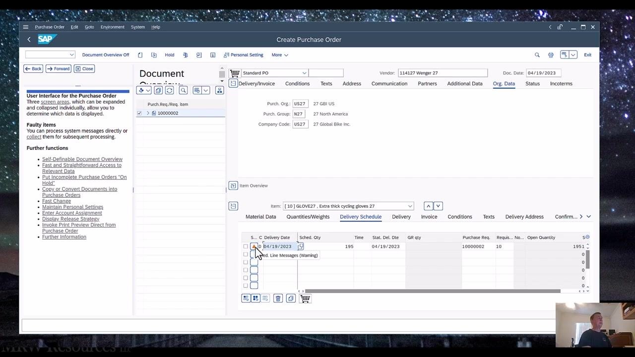 Warning message "Can delivery date be met?" shown alongside a line message warning in the item overview