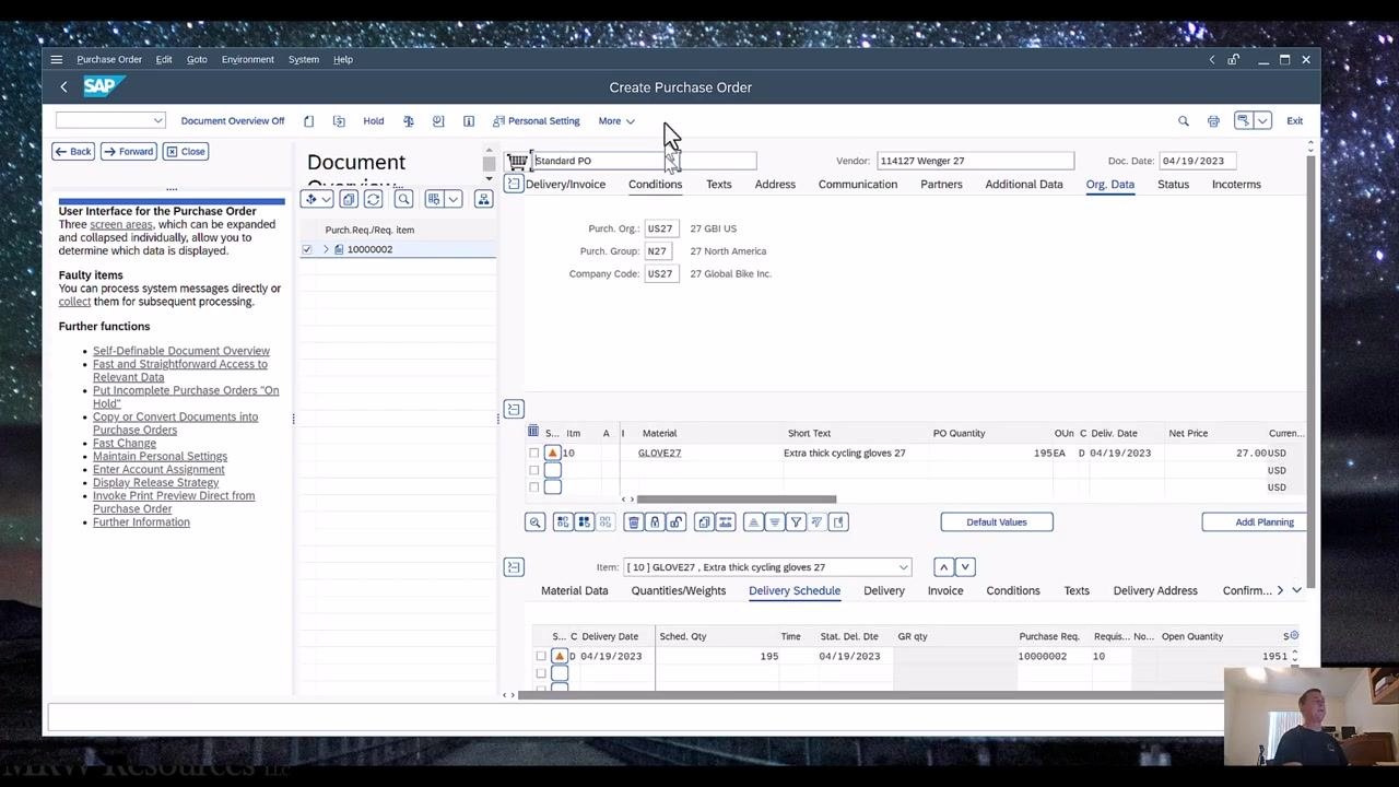 SAP Create Purchase Order screen showing organizational data and item details for GLOVE27, including 195 EA quantity, net price 27.00 USD, and delivery date 04/19/2023