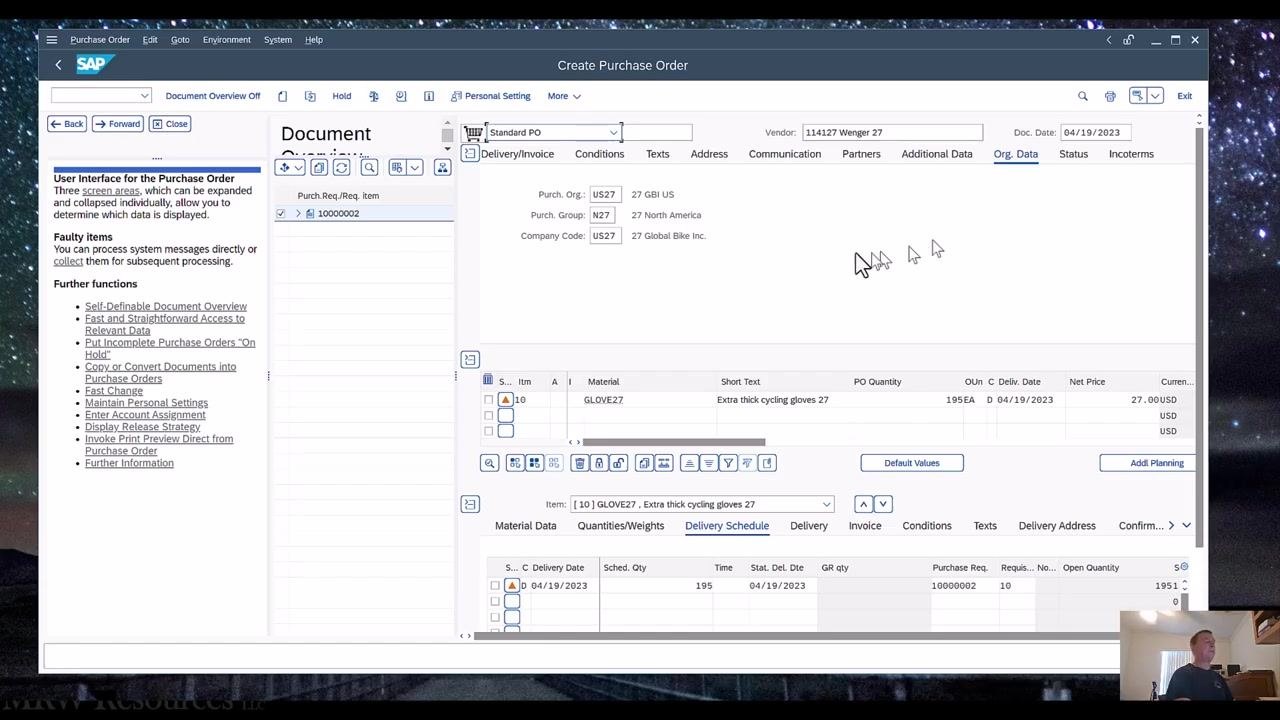 Confirmation message reading "Standard PO created under the number 4500000002," with all fields cleared for a new entry