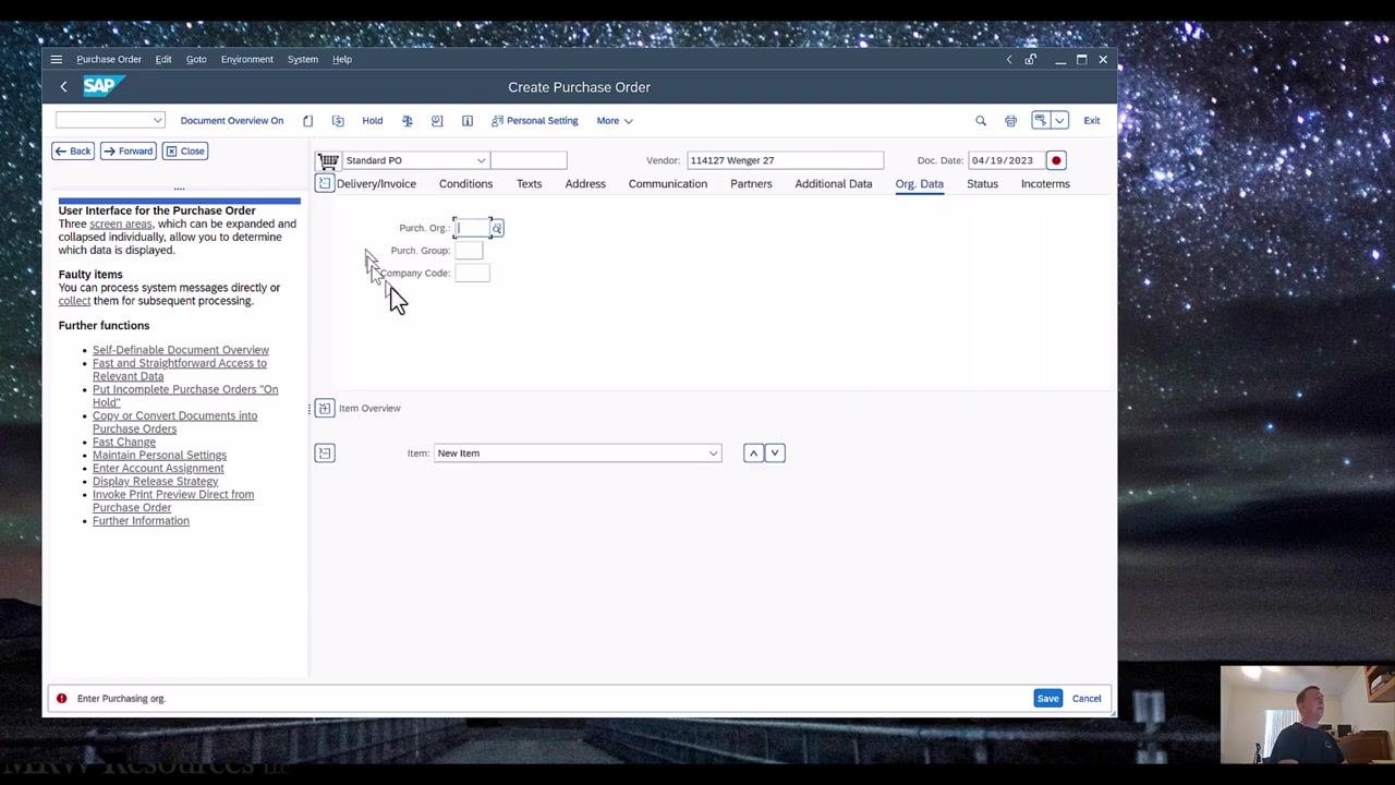 Header section expanded with the Org. Data tab selected, showing fields for Purch. Org., Purch. Group, and Company Code