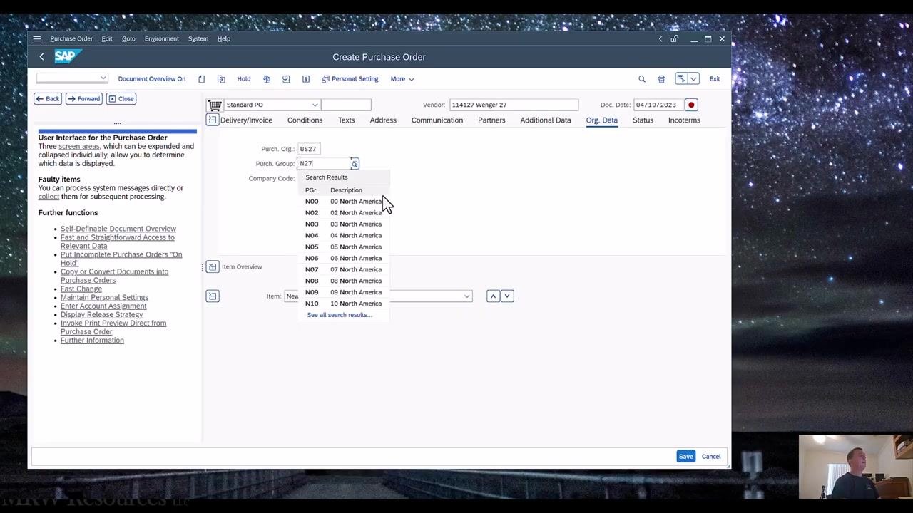 Create Purchase Order screen with the Org. Data tab active and Purch. Org., Purch. Group, and Company Code filled in
