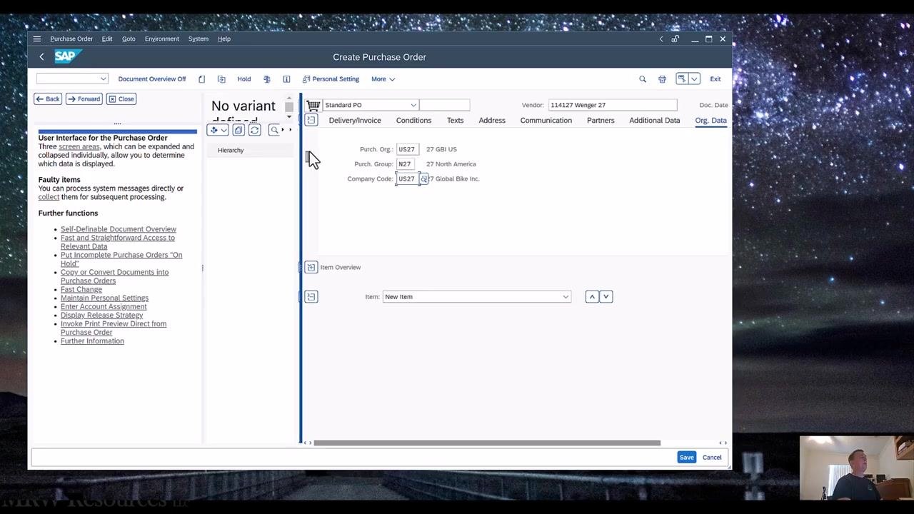 Document overview panel open, displaying "No variant defined" with a prompt to choose a variant