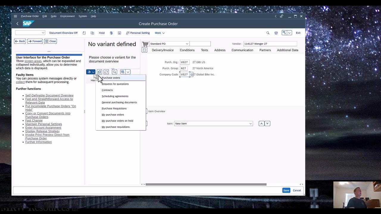 Select Variant dropdown menu showing options such as Purchase orders, Purchase Requisitions, and My purchase requisitions
