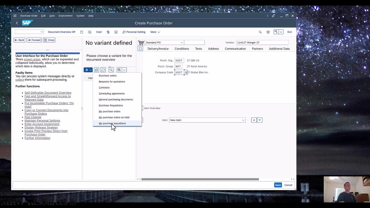 Document overview panel listing purchase requisition 10000002, ready for selection