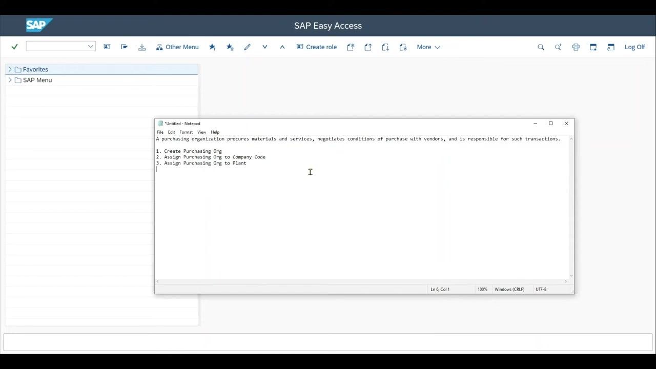 SAP Easy Access screen with Notepad open, showing the definition and steps for setting up a purchasing organization