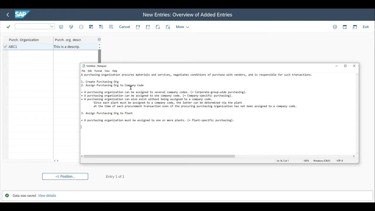 SAP screen with the "New Entries" button highlighted, ready to add a new purchasing organization
