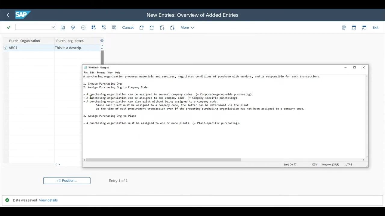 SAP screen with Notepad open, listing the assignment options and explanations for purchasing organizations