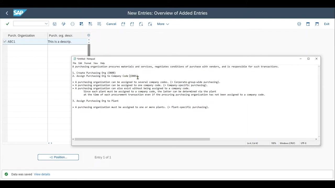 SAP screen showing the "Assign Purchasing Organization -> Company Code" view, with purchasing organization ABC1 listed and the company code field ready for input