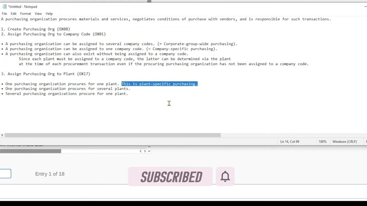 Notepad window listing the assignment options for purchasing organizations and plants: one purchasing organization procuring for one plant (plant-specific purchasing), one purchasing organization procuring for several plants, and several purchasing organizations procuring for one plant