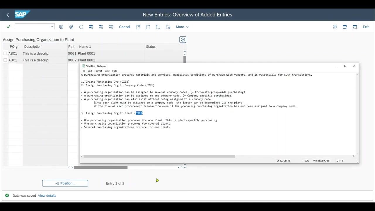 SAP "New Entries: Overview of Added Entries" screen showing purchasing organization ABC1 being assigned to Plant 0001, with the description "This is a description" visible in the left pane