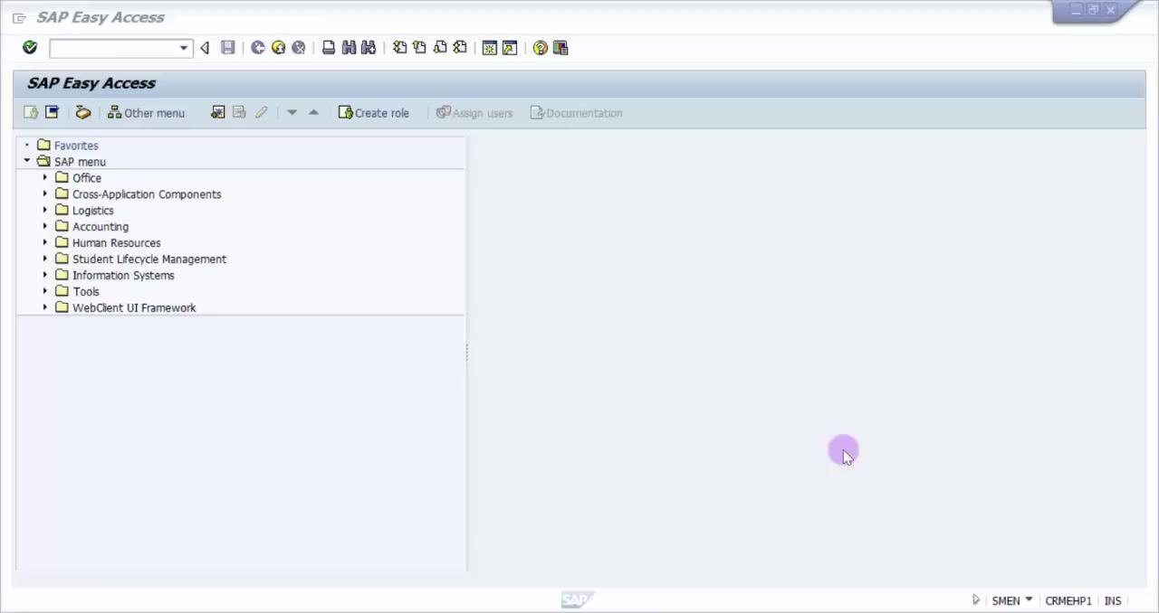 SAP Easy Access main screen with SAP menu folders visible: Office, Cross-Application Components, Logistics, Accounting, Human Resources, Student Lifecycle Management, Information Systems, Tools, WebClient UI Framework