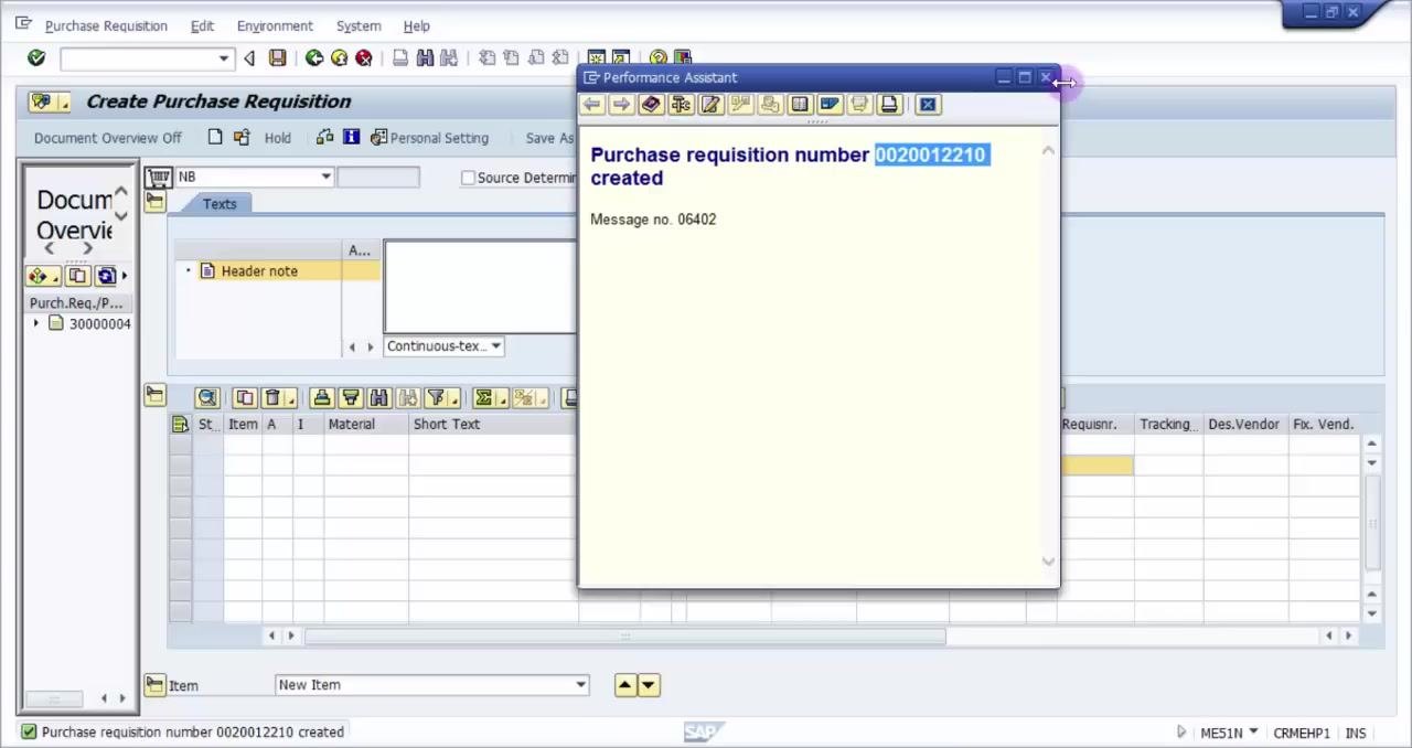 Confirmation window in SAP ME51N showing "Purchase requisition number 0020012210 created," with the main screen visible in the background