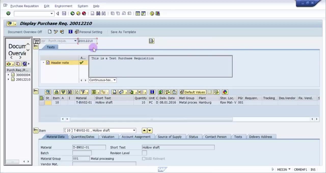 SAP ME53N display screen showing purchase requisition 20012210 with all item details, header note, and item grid
