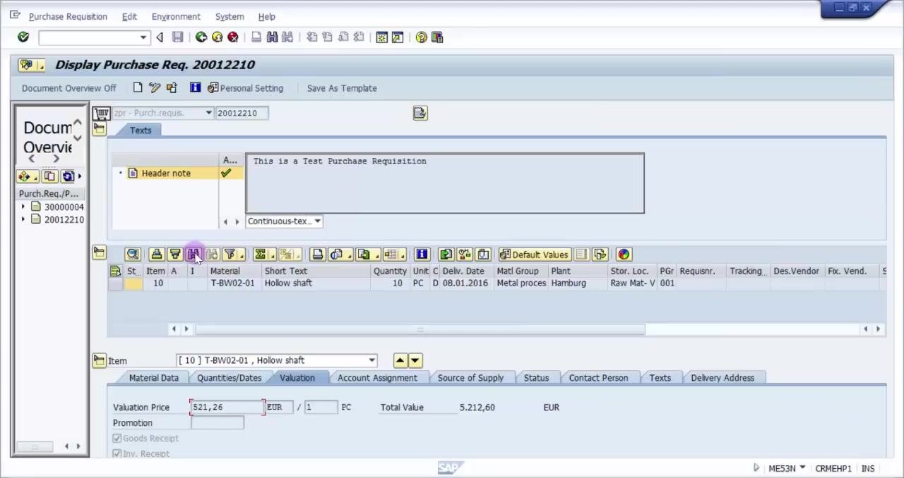 Valuation tab open in SAP ME53N, showing Valuation Price 521.26 EUR and Total Value 5,212.60 EUR for the requisition