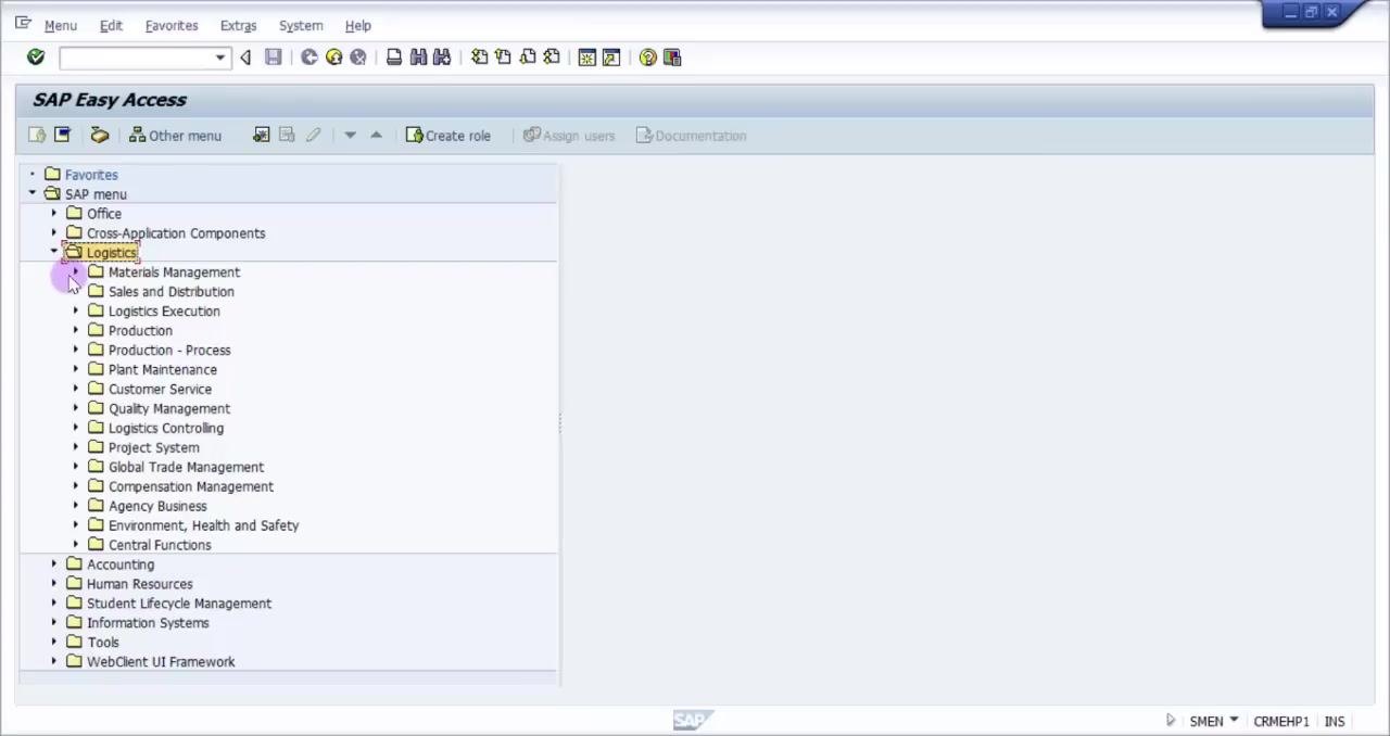 Logistics folder expanded in the SAP menu, showing subfolders: Materials Management, Sales and Distribution, Logistics Execution, Production, Plant Maintenance, etc.