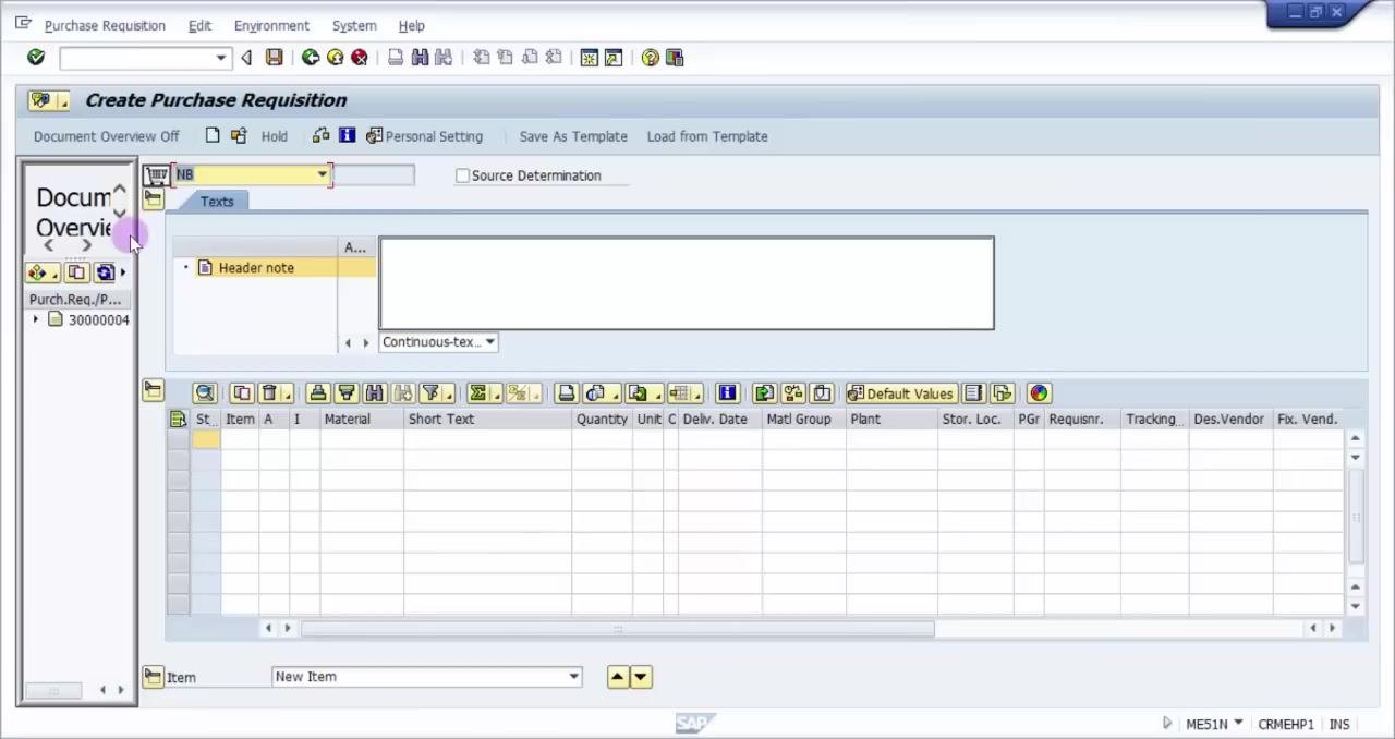 Purchase Requisition menu expanded, highlighting the ME51N - Create option under Logistics > Materials Management > Purchasing > Purchase Requisition