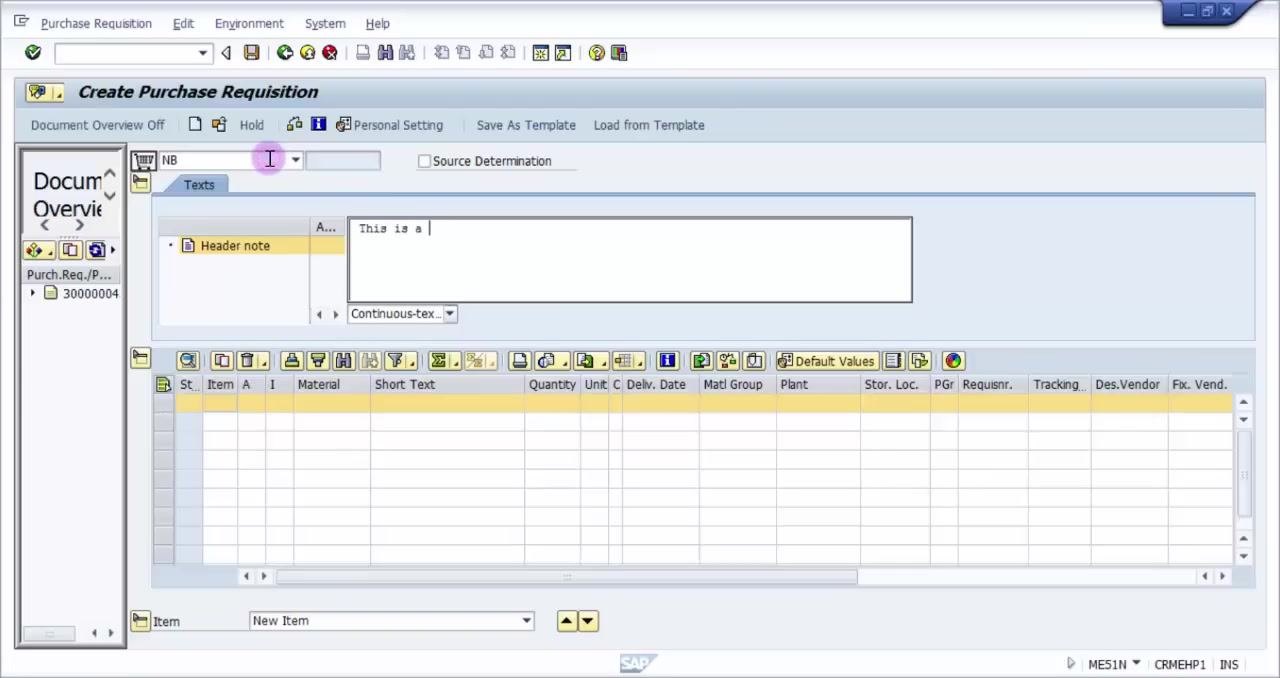 Header note field filled with "This is a test purchase requisition" in the Create Purchase Requisition screen