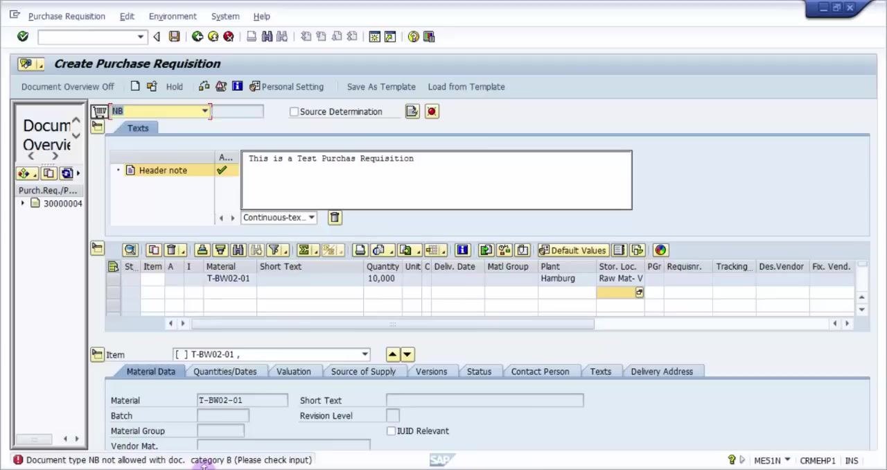 Material, Quantity, Plant, and Storage Location fields filled in: Material = T-BW02-01, Quantity = 10, Plant = 1000, Stor. Loc. = braw
