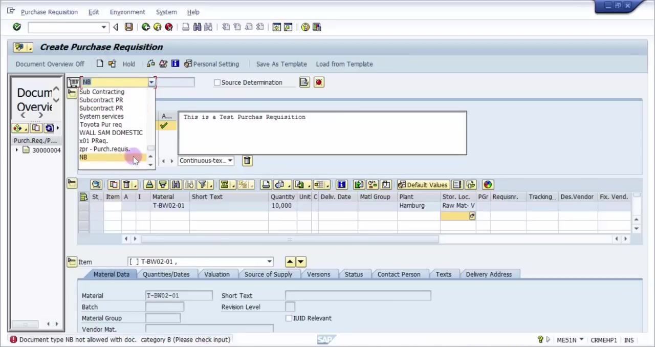 Error message "Document type NB not allowed with doc. category B (Please check input)" shown at the bottom. The document type dropdown is open while the correct type is being selected.