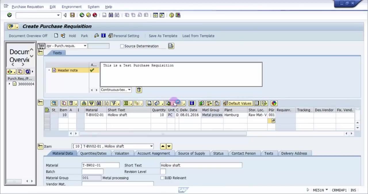 Save icon being clicked, with all item details filled in, ready to save the purchase requisition