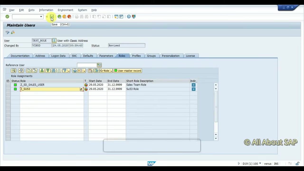 Maintain Users screen showing TEST_ROLE with Z_SD_SALES_USER and Z_SU53 roles assigned, save icon highlighted.